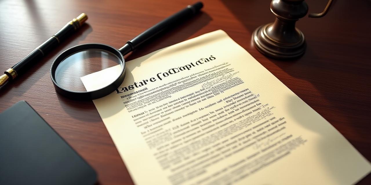 Close up of a legal document with a magnifying glass on a wooden desk